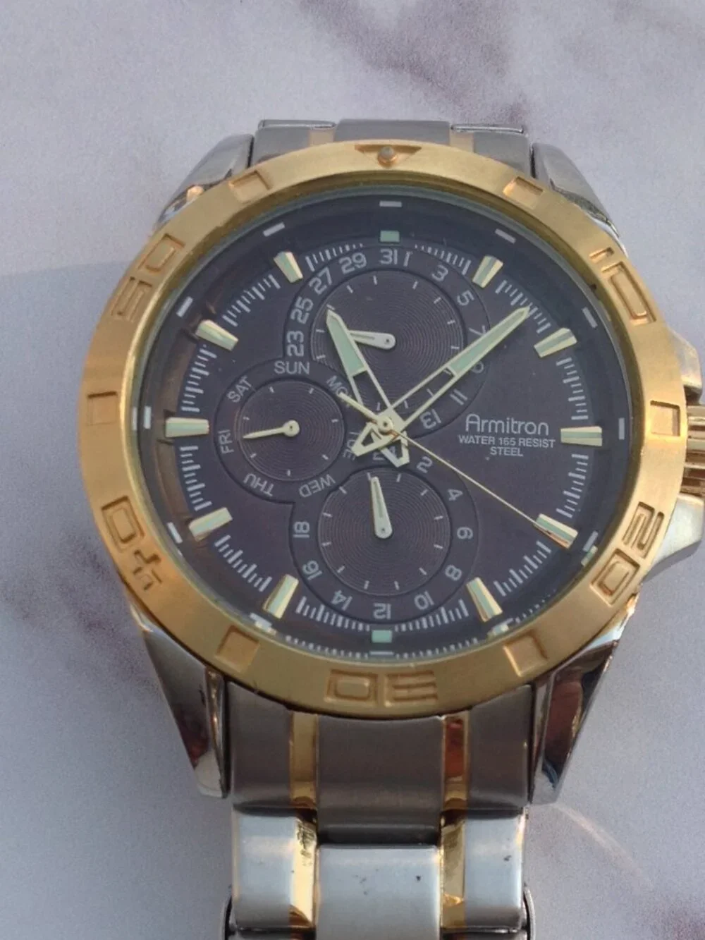 Armitron Chronograph 6P27 Brown Face, Gold Silver Wristwatch For Man or Woman